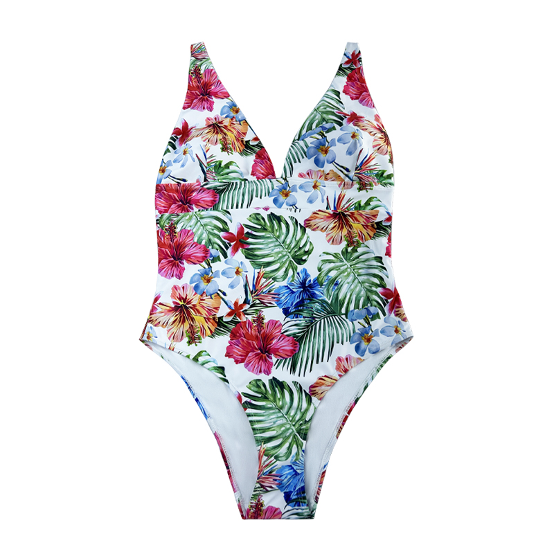 Floral National Style Strap Wide Piece Swimsuit