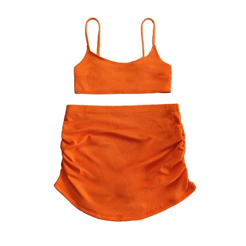 Blusa de pano de crepe laranja desenho de saia plissada de duas peças sexy de duas peças