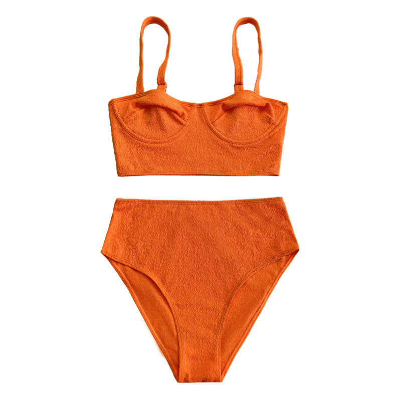 Tecido laranja com babados larga bastão line split split swimsuit